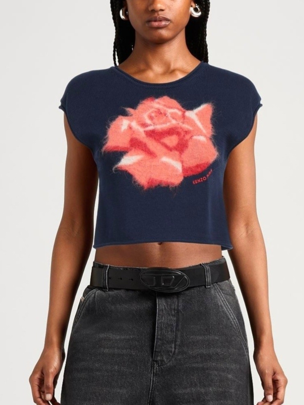 Kenzo Navy Cropped Tee with Coral Rose Motif